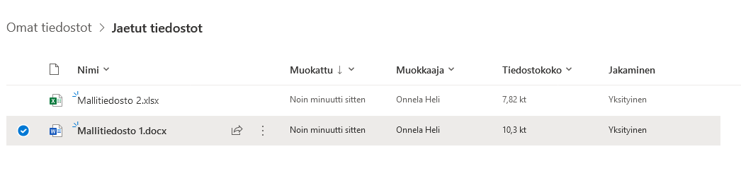 Tiedoston valitseminen jaettavaksi OneDrivessä.