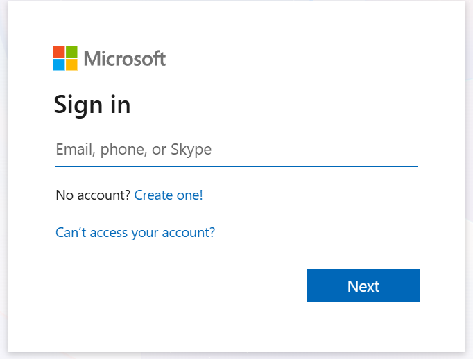 Microsoft kirjautumisen näkymä, jossa kenttä johon kirjoitetaan Microsoft-sähköpostiosoite ja alla Next nappi 
