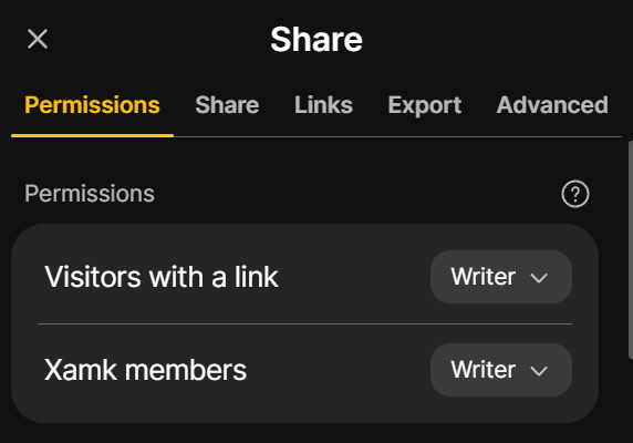 jakovalikon näkymä jossa lukee visitors with link - Writer ja Xamk members - Writer