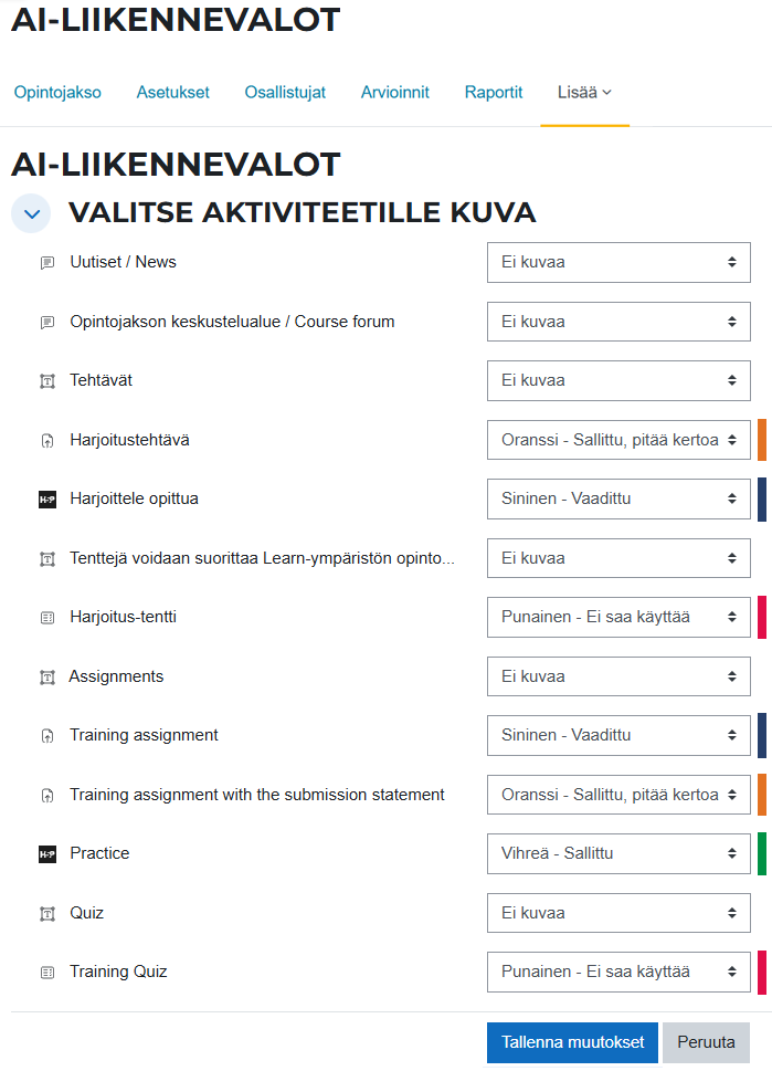 Kuva esittää AI-liikennevalot näkymää ja siinä tehtyjä valintoja tekoälyn hyödyntämisestä opintojaksolla.