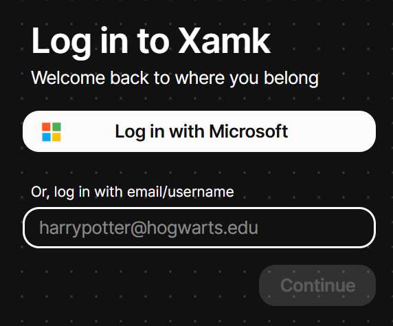 Button named Log in with Microsoft and an input field that admins use